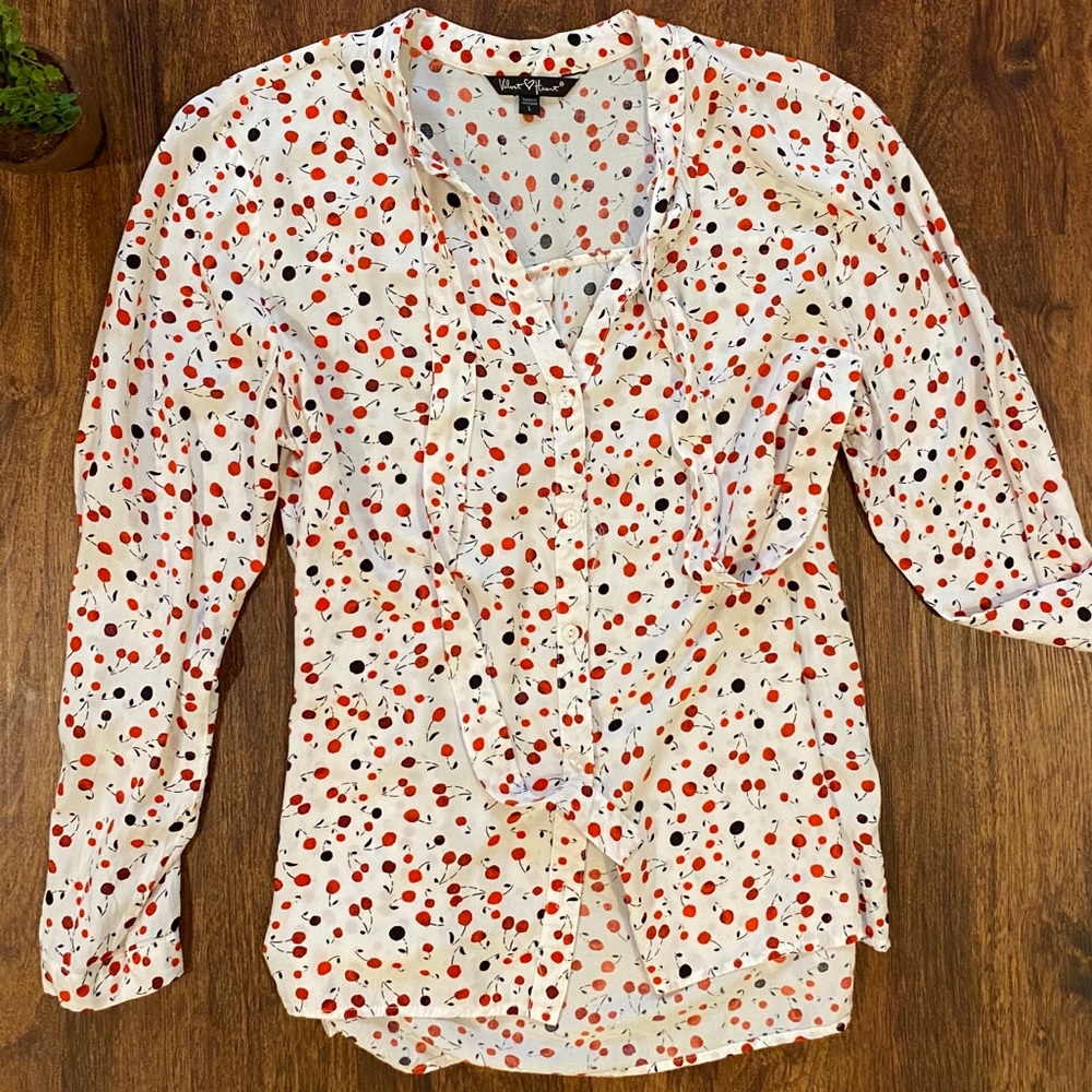 Cherry print 🍒 neck tie blouse